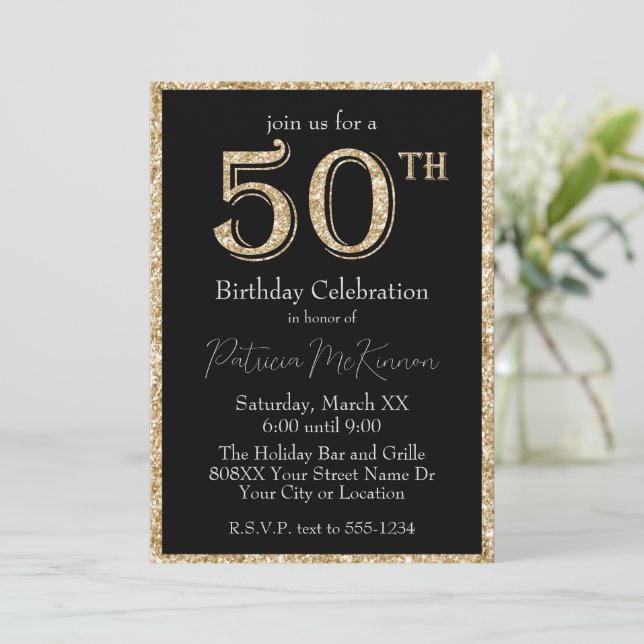 Black and Gold Glitter 50th Birthday Invitation (Standing Front)