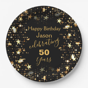 Black and Gold Glitter 50th Birthday Party Paper Plate