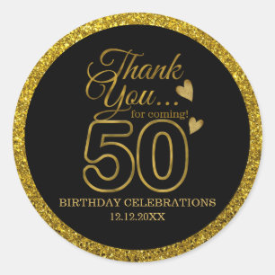 Black And Gold Glitter 50th Birthday Thank You  Classic Round Sticker