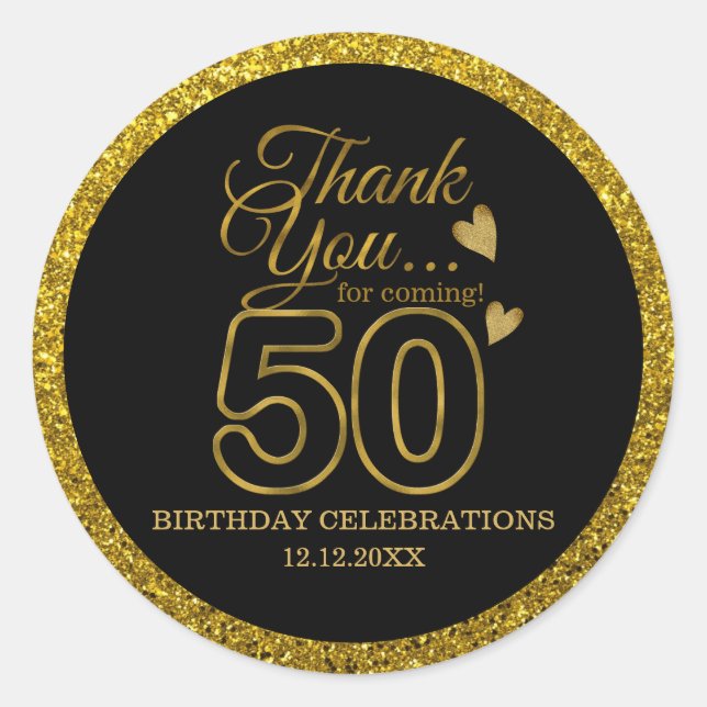 Black And Gold Glitter 50th Birthday Thank You  Classic Round Sticker (Front)