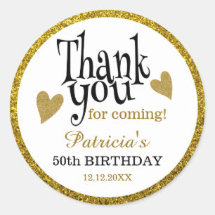 Black And Gold Glitter 50th Birthday Thank You  Classic Round Sticker