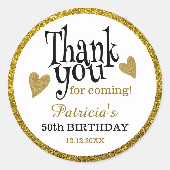 Black And Gold Glitter 50th Birthday Thank You  Classic Round Sticker (Front)