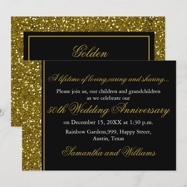 Black And Gold Glitter 50th Wedding Anniversary Invitation (Front/Back)
