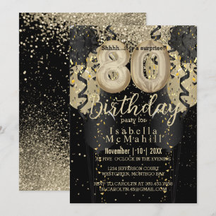 Black and Gold Glitter 80th Birthday Invitation
