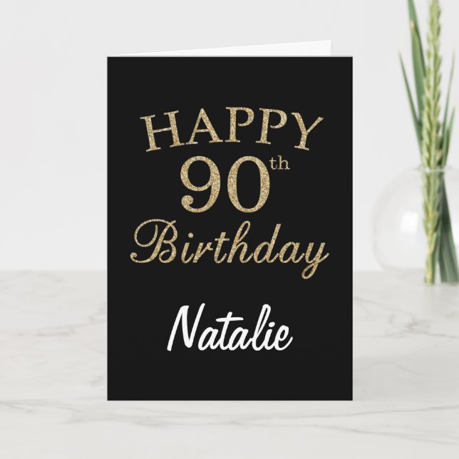 Black and Gold Glitter 90th Birthday Card (Front)