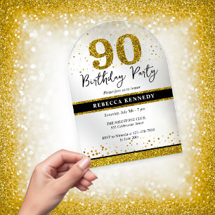 Black And Gold Glitter 90th Birthday Party Acrylic Invitations