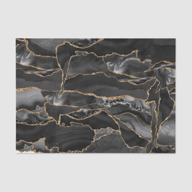 Black and gold glitter agate abstract tissue paper (Front)