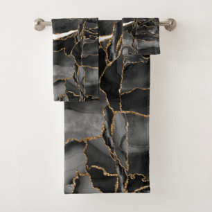 Black and Gold Glitter Agate Bath Towel Set