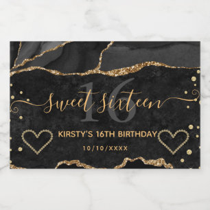 Black and Gold Glitter Agate Marble Sweet 16  Sparkling Wine Label