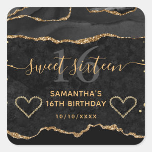 Black and Gold Glitter Agate Marble Sweet 16 Square Sticker