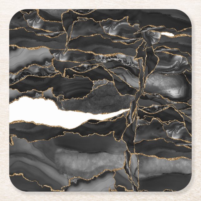 Black and Gold Glitter Agate Square Paper Coaster (Front)