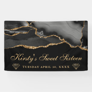 Black and Gold Glitter Agate Sweet Sixteen Banner
