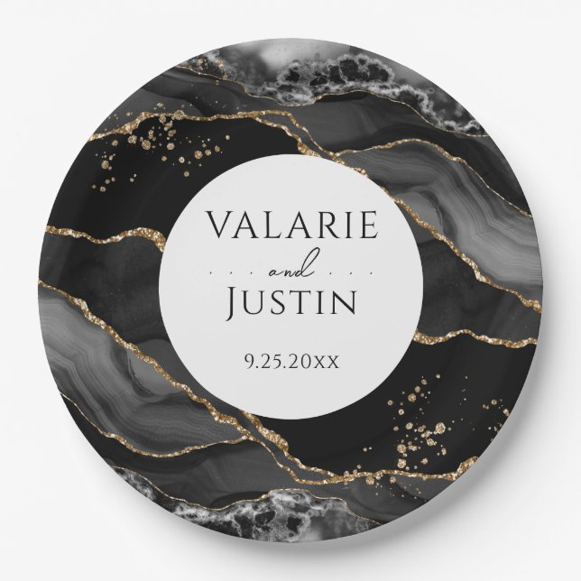 Black and Gold Glitter Agate Wedding Paper Plates (Front)