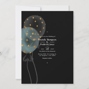 Black and Gold Glitter Balloon Wedding Invitation
