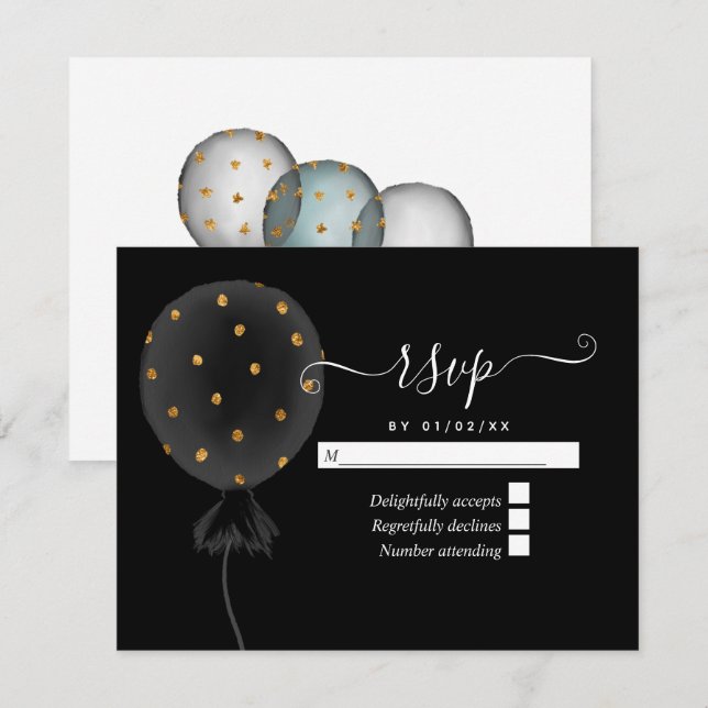 Black and Gold Glitter Balloon Wedding RSVP Card (Front/Back)
