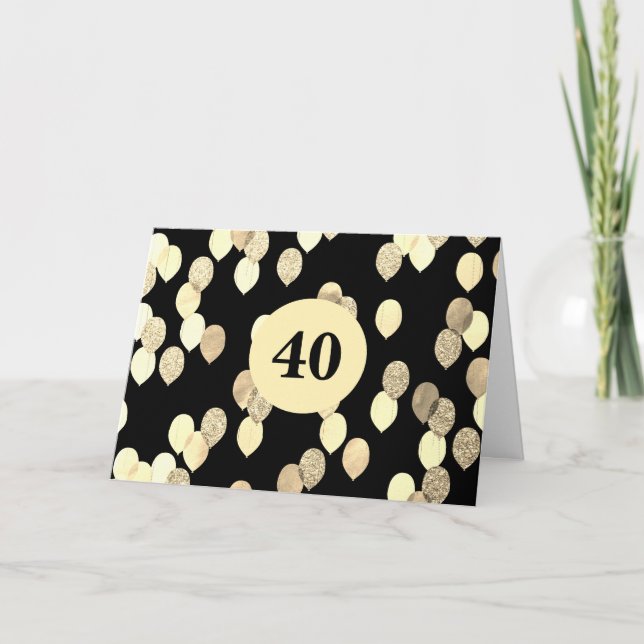 Black and Gold Glitter Balloons 40th Birthday Card (Front)