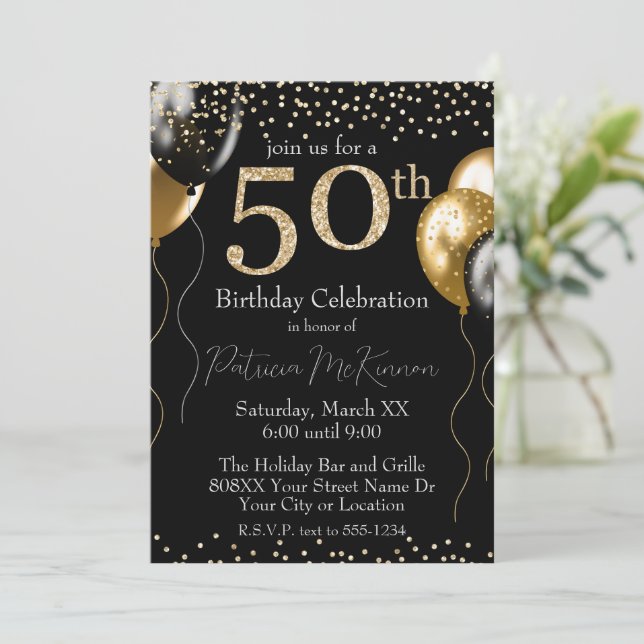 Black and Gold Glitter Balloons 50th Birthday Invitation (Standing Front)