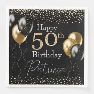 Black and Gold Glitter Balloons 50th Birthday Napkin