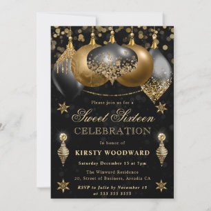 Black and Gold Glitter Baubles Christmas Sweet 16 Invitation