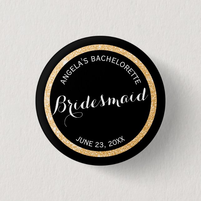 Black and Gold Glitter Bridesmaid Bachelorette 3 Cm Round Badge (Front)