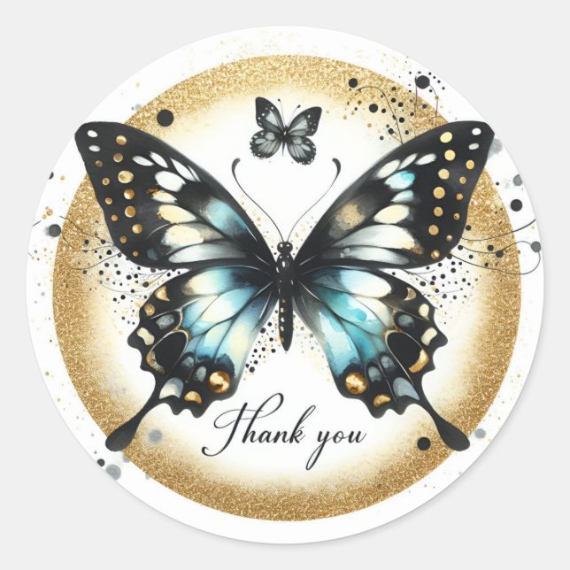Black and Gold Glitter Butterfly - Thank you - Classic Round Sticker (Front)