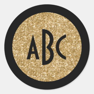 Black and Gold Glitter Circle Monogram Classic Round Sticker