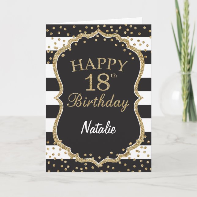Black and Gold Glitter confetti 18th Birthday Card (Front)
