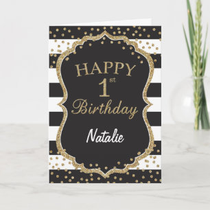 Black and Gold Glitter confetti 1st Birthday Card