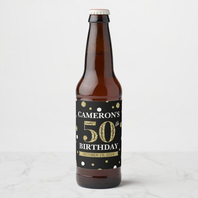 Black and Gold Glitter Confetti Birthday Beer Bottle Label (Front)