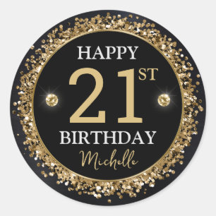 Black and Gold Glitter Confetti Birthday Classic Round Sticker