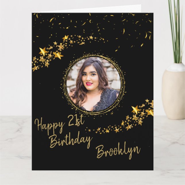 Black and gold glitter confetti photo birthday  card (Front)