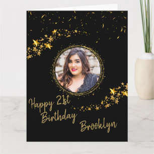 Black and gold glitter confetti photo birthday  card