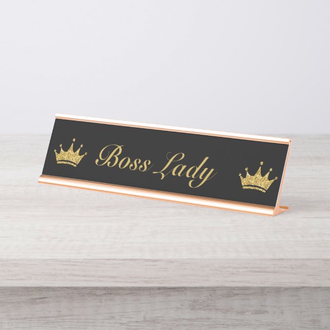 Black and Gold Glitter Crown Fun Royal Boss Lady  Desk Name Plate (Front)