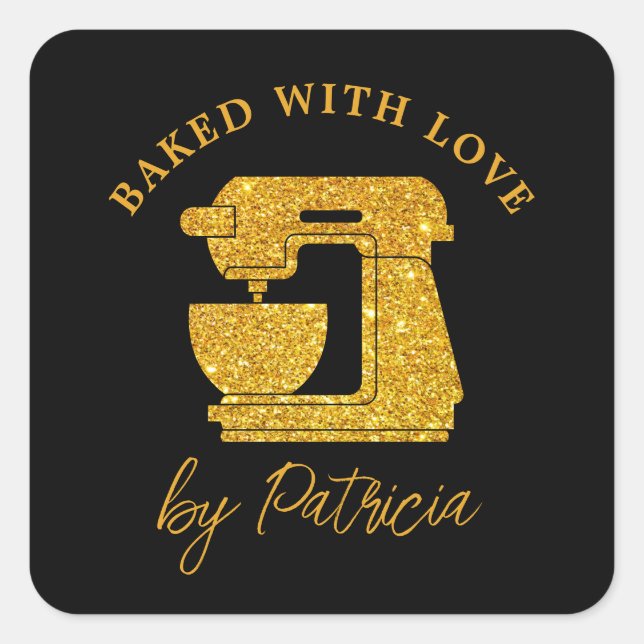 Black And Gold Glitter Custom Baked With Love   Square Sticker (Front)