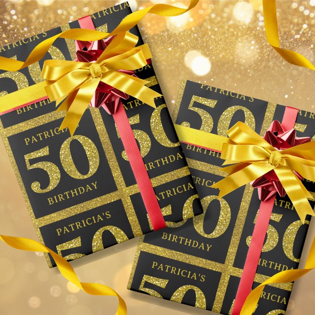 Black And Gold Glitter Custom Name 50th Birthday  Wrapping Paper (Personalized Name Black And Gold glitter 50th Birthday Wrapping Paper )