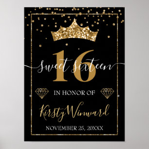 Black and Gold Glitter Diamond Confetti & Tiara Poster