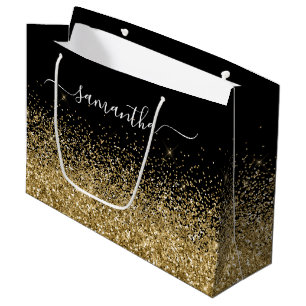 Black and Gold Glitter Elegant Name Large Gift Bag