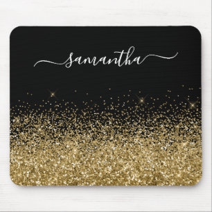 Black and Gold Glitter Elegant Name Mouse Mat