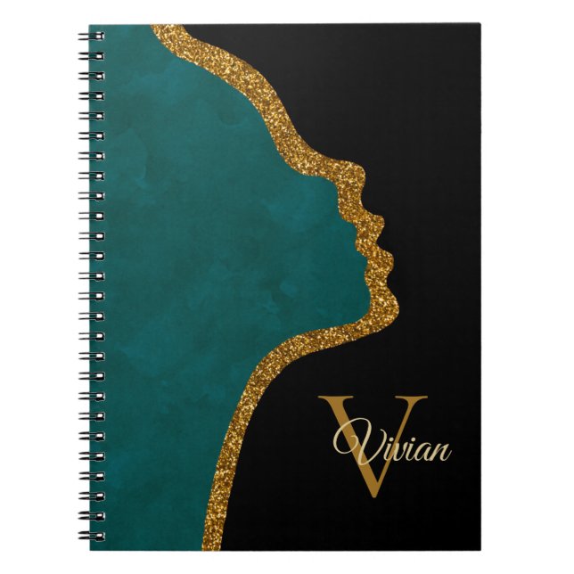 Black And Gold Glitter Face Monogram Name Notebook (Front)