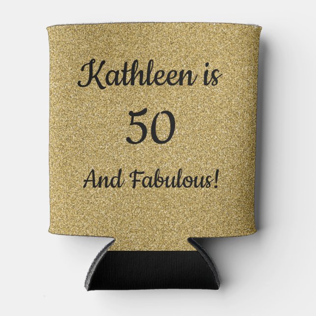 Black and Gold Glitter Fifty and Fabulous Birthday Can Cooler (Front)