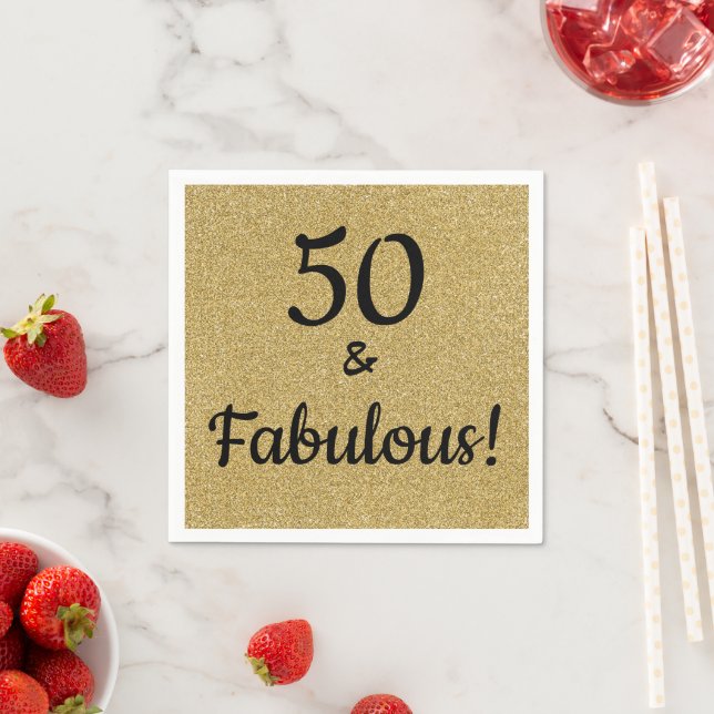 Black and Gold Glitter Fifty and Fabulous Birthday Napkin (Insitu)