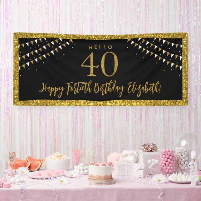 Black and Gold Glitter Fortieth Birthday Hello 40 Banner (Party)