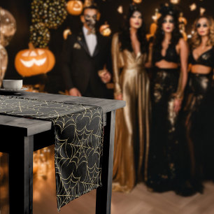 Black and Gold Glitter Glam Halloween Spiderweb Medium Table Runner