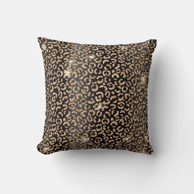 Black and Gold Glitter Glam Leopard Spots Print Cushion (Front)