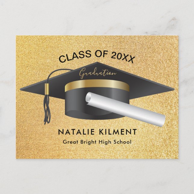 Black and Gold Glitter Graduate Cap Graduation Announcement Postcard (Front)