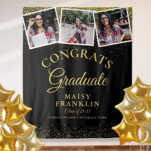 Black And Gold Glitter Graduation 3 Photo Backdrop Tapestry
