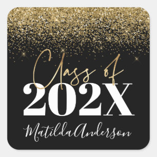black and gold glitter graduation class of  square sticker
