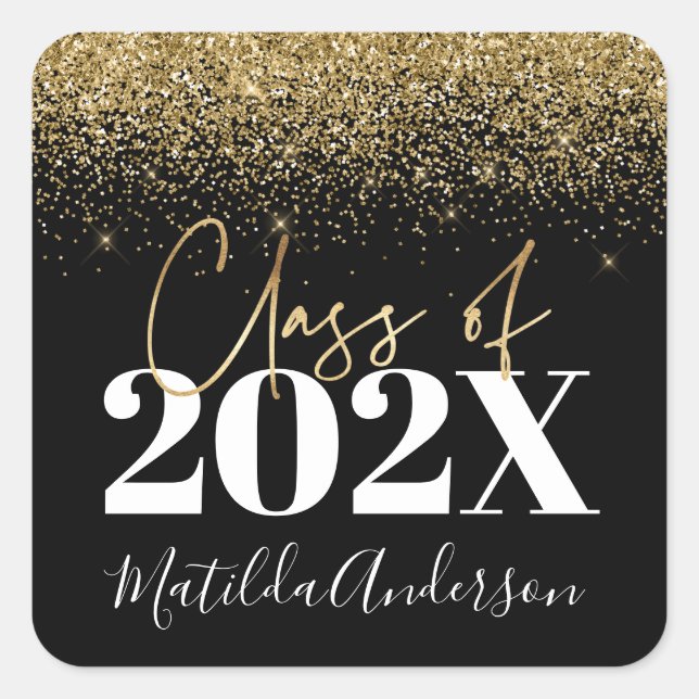 black and gold glitter graduation class of  square sticker (Front)