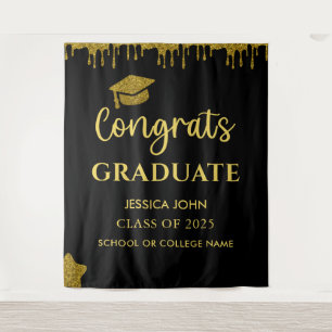 Black And Gold Glitter Graduation Photo Backdrop Tapestry