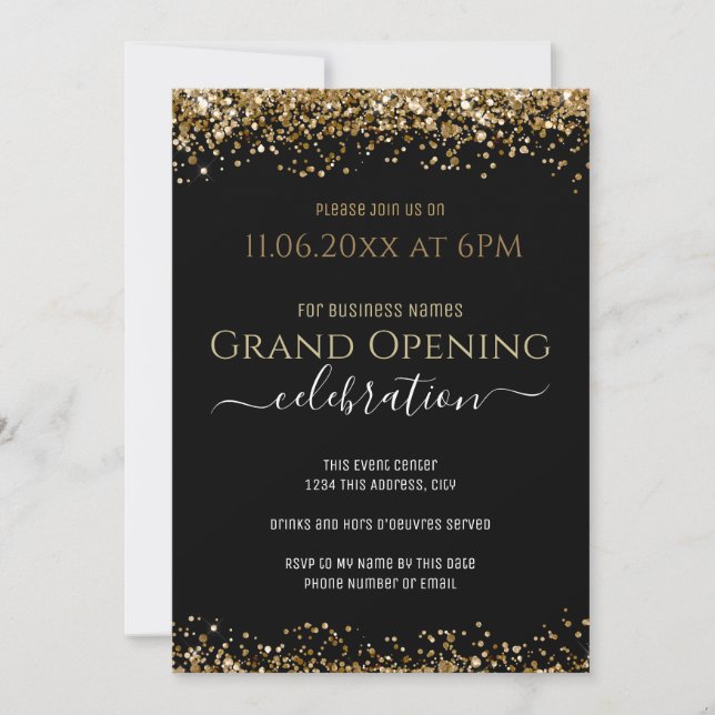 Black and Gold Glitter Grand Opening Business Invitation (Front)